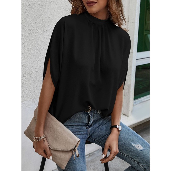 Tie Back Batwing Sleeve short sleeve Blouse black - Picture 1 of 11